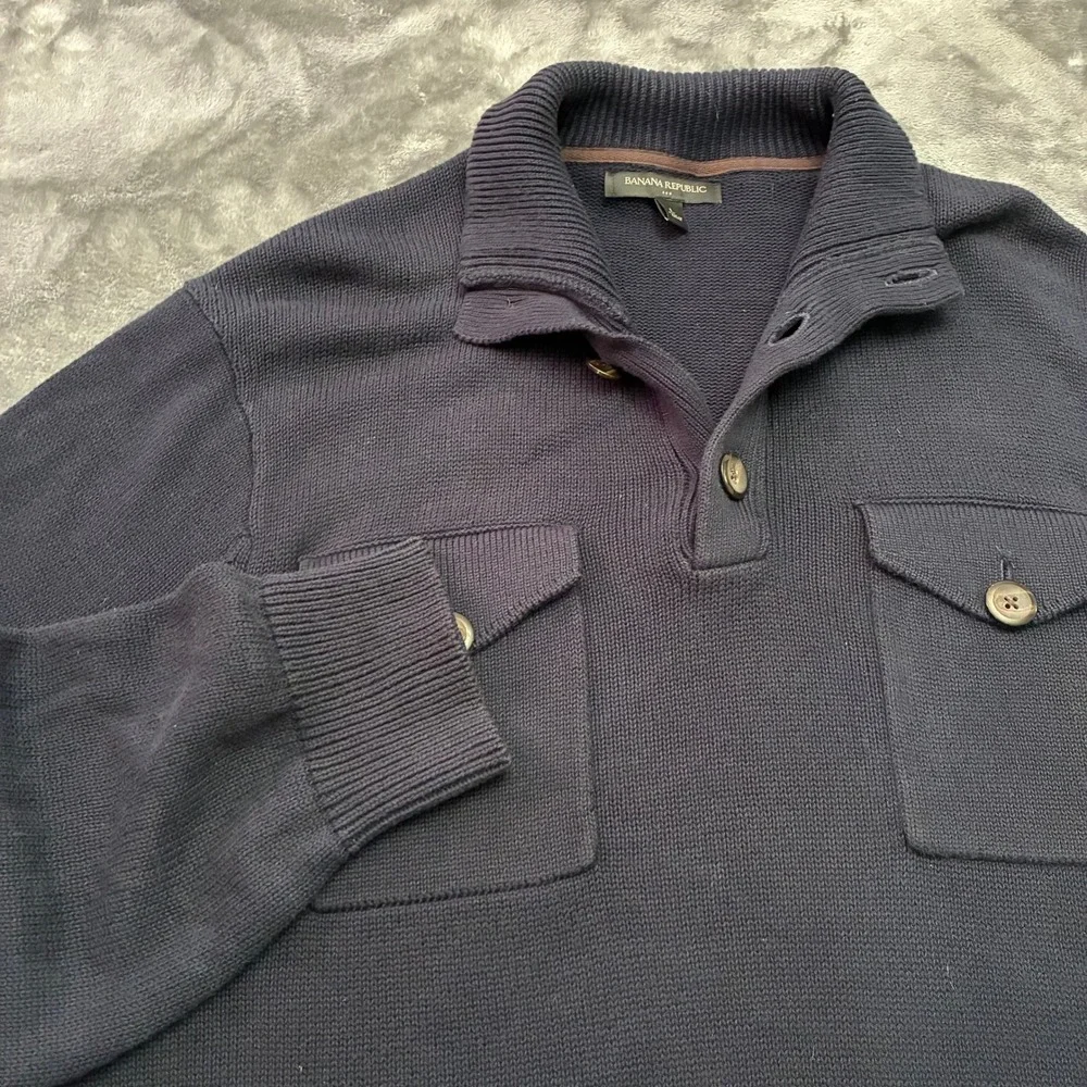 Banana Republic Mens Large Navy Blue Sweater Knit Polo Shirt Long Sleeve Pockets